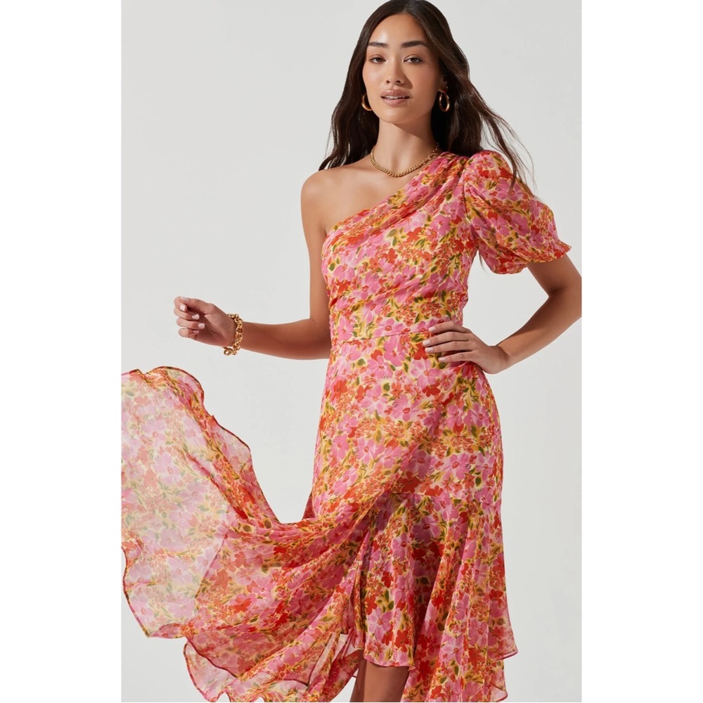 ASTR The Label Santorini Floral One Shoulder Midi Dress Large
